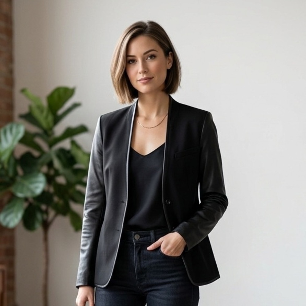 NWT Lamarque Sz (38) M Bi Material Leather Black Classic Blazer